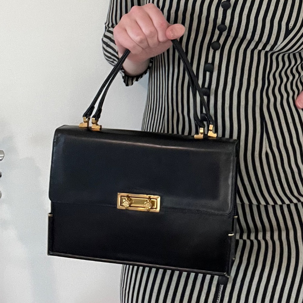 Vintage Michaelangelo Florence Black Italian Leather & Brass Handbag